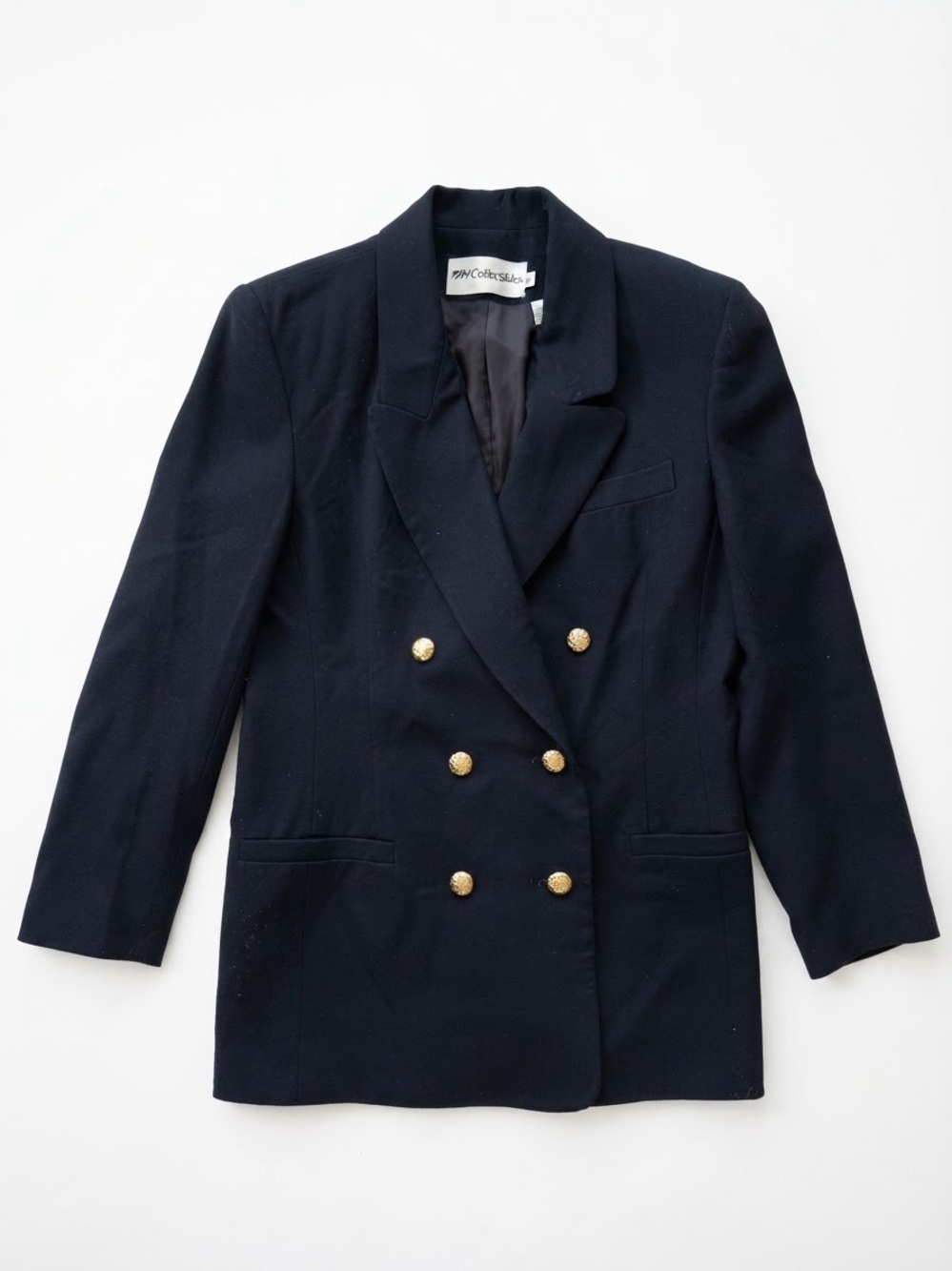 Vintage JH Collectibles Navy Blue Wool Double Breasted Gold Button Blazer Preppy